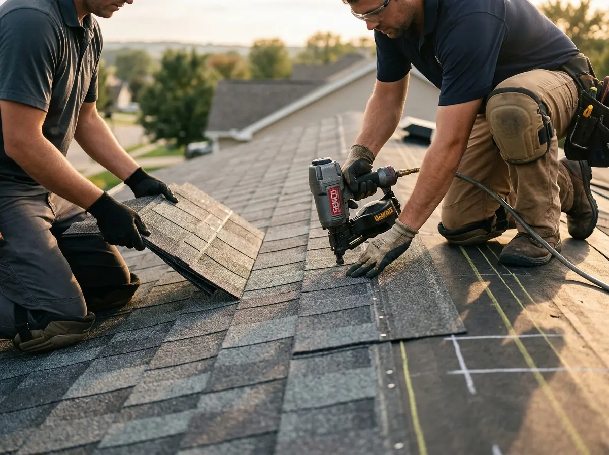 Professional roofer working on a residential roof in Stroudsburg